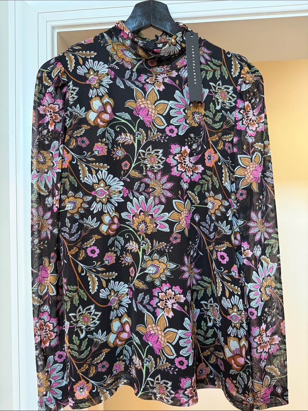 Jane and Delancey Black Floral Long-Sleeve Top with Pink and Gold Accents